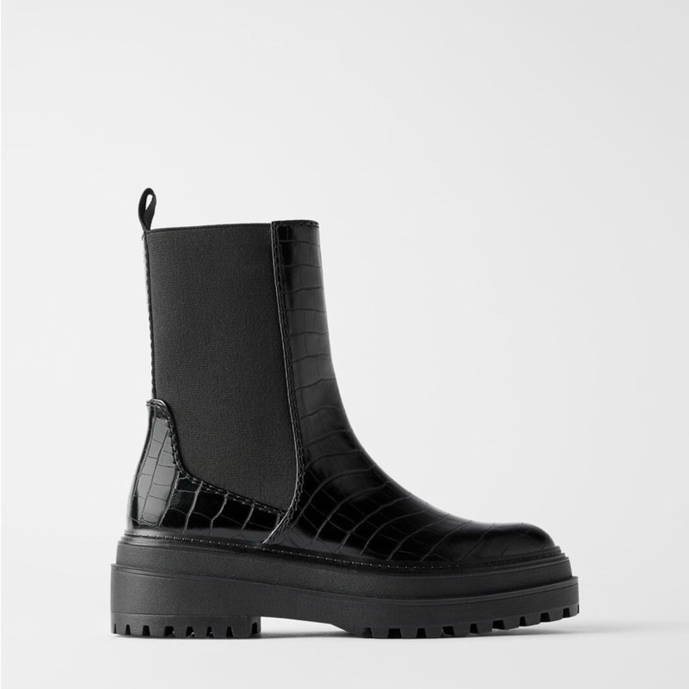 Zara Glossy Patent Black Croc Embossed Vegan Leather Combat Boots Slip On